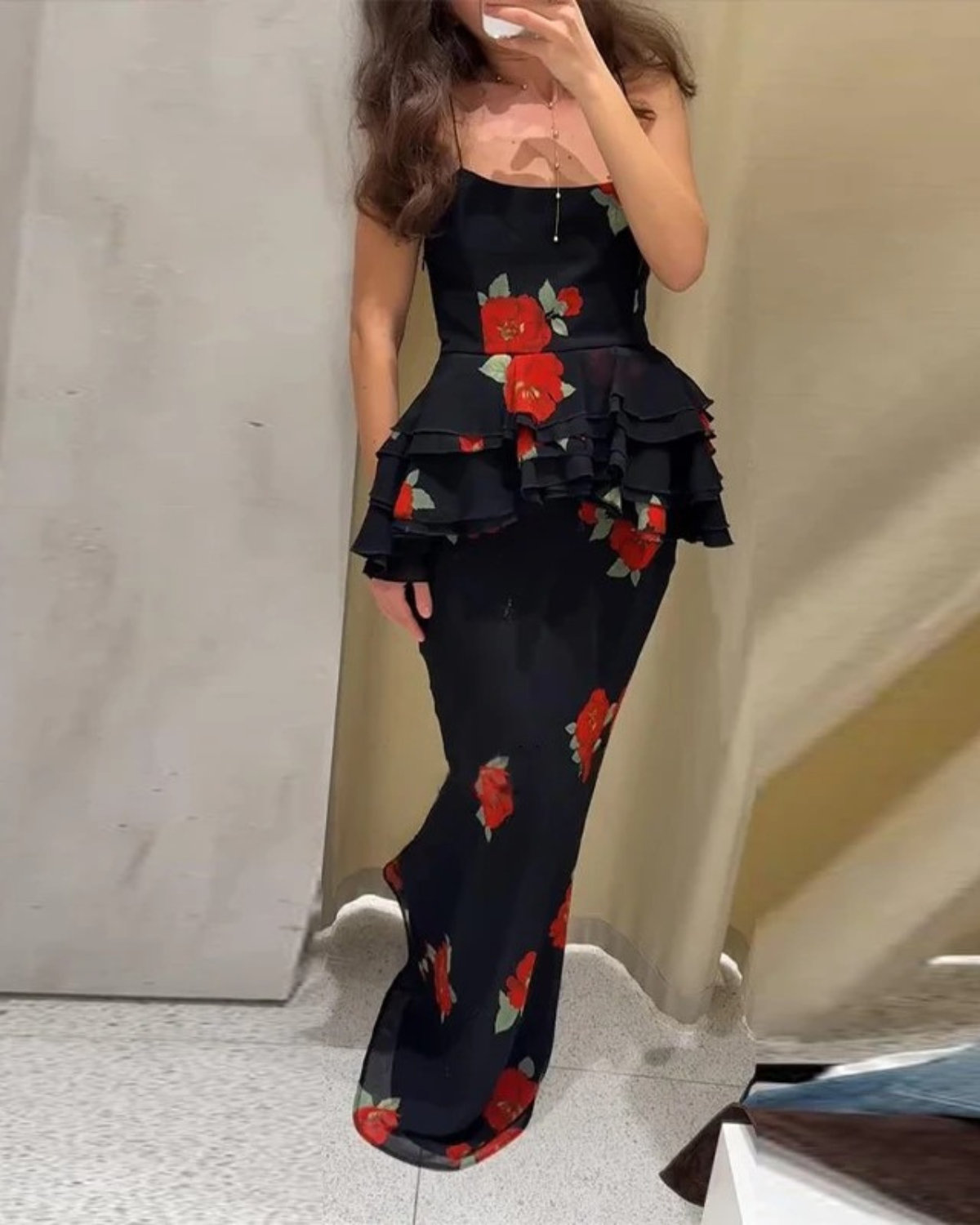 Floral Two Piece Set with Ruffle Top and Maxi Skirt for Women