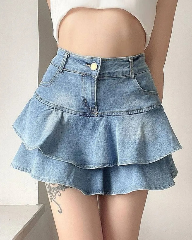 High Waisted Ruffle Denim Skirt for Women