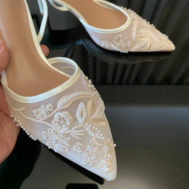 Embroidered Mesh Kitten Heel Slingbacks with Pointed Toe for Women