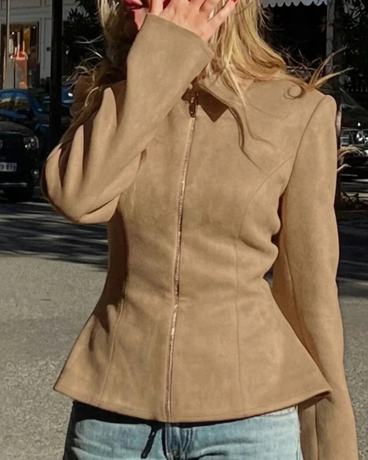 Faux Suede Jacket with Collar and Zipper Closure for Women