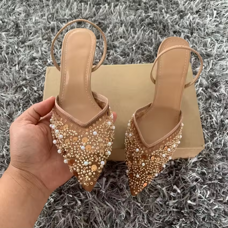 Slingback Heels with Pointed Toe and Embellishments for Women