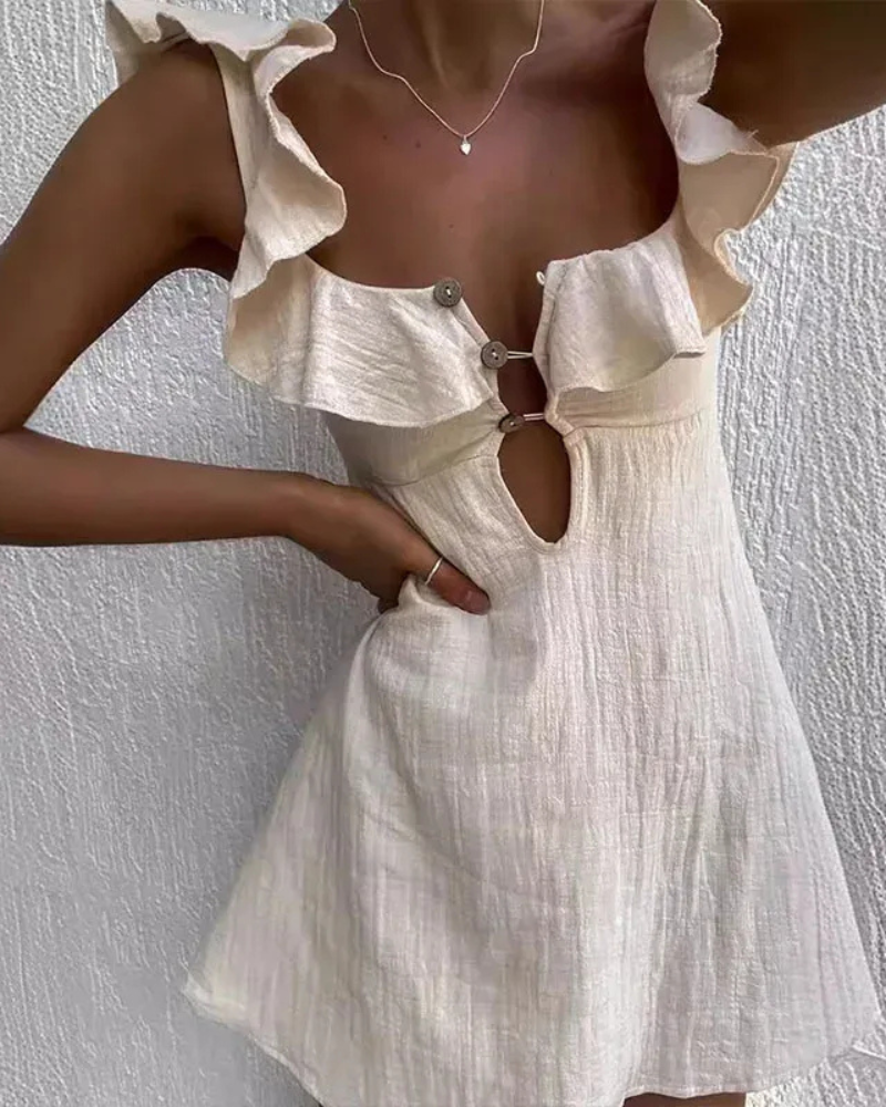 Linen Mini Dress with Ruffle Strap for Women