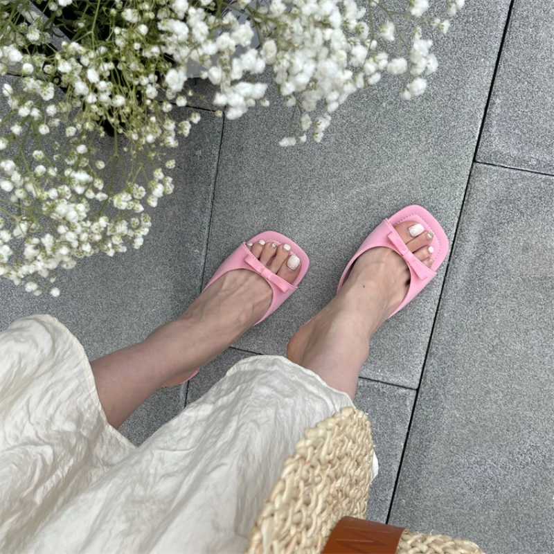 Satin Slide Sandals with Bow-Tie for Women