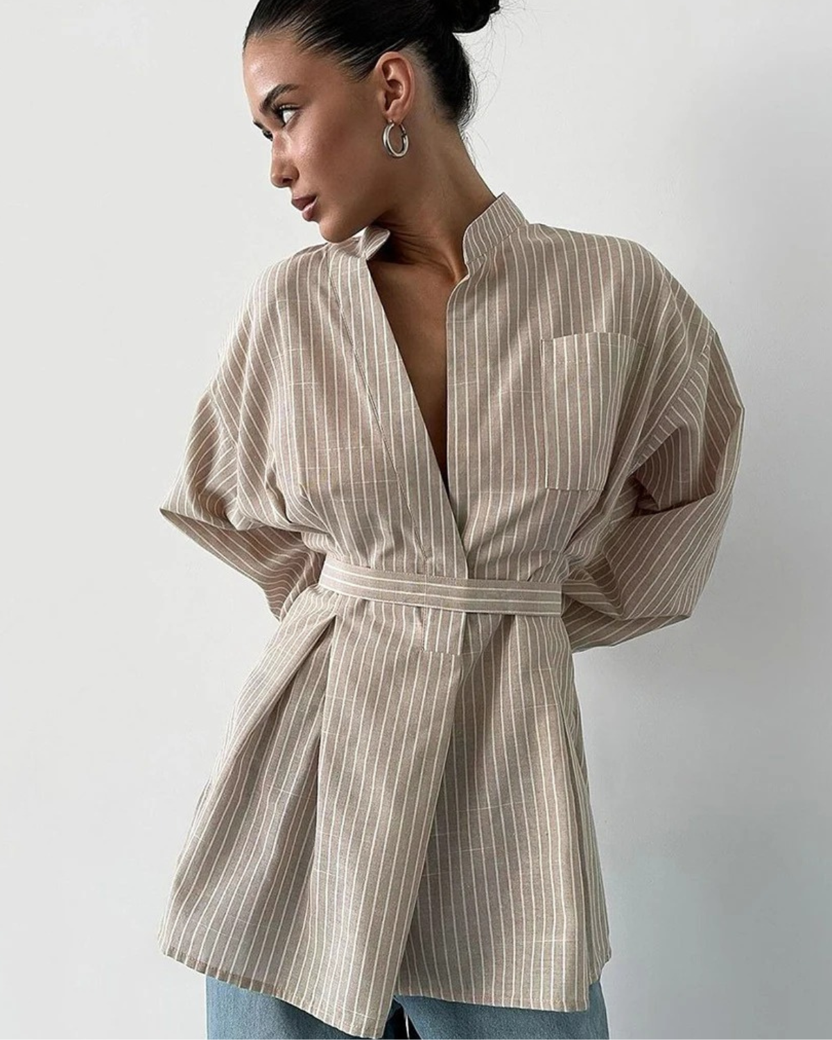 Oversized Striped V-Neck Long Sleeve Shirt for Women