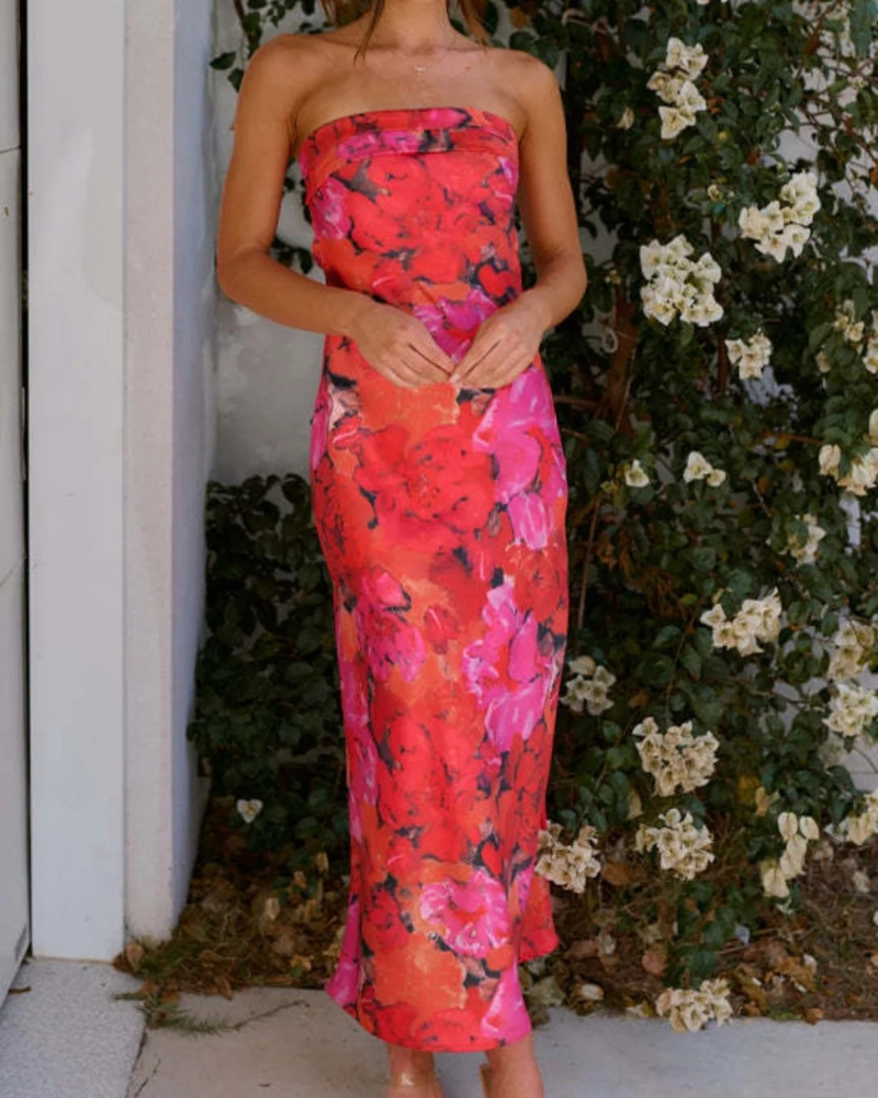 Strapless Floral Print Satin Dress for Women