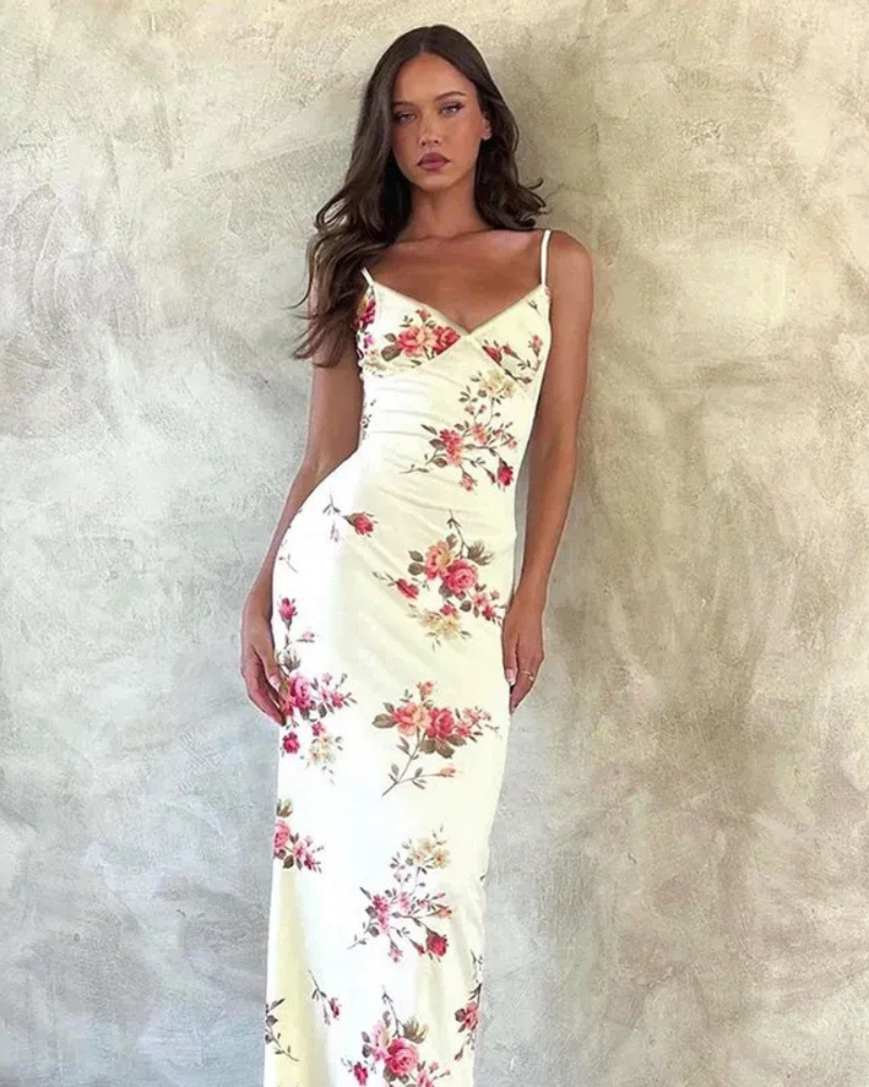 Sleeveless V-Neck Bodycon Floral Dress for Women