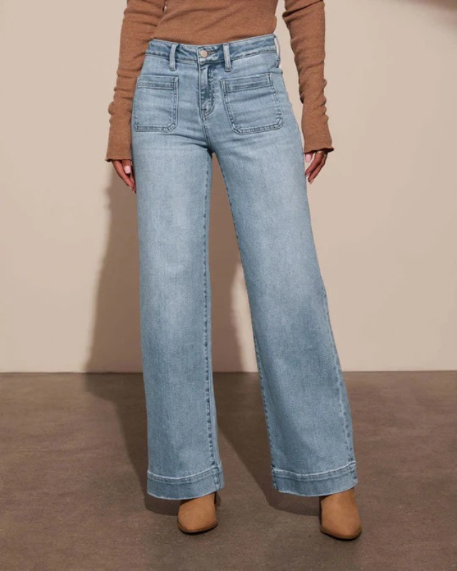 High Waisted Wide Leg Jeans with Patch Pockets for Women