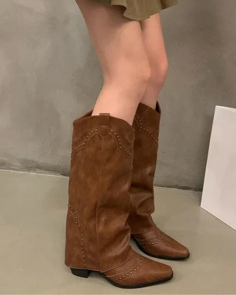 Faux Leather Studded Cowboy Boots for Women