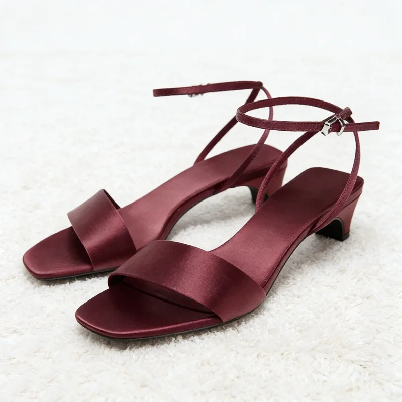 Open Toe Block Heel Satin Sandals for Women