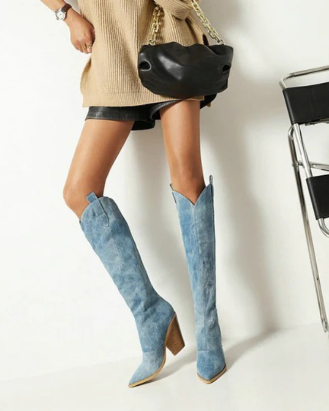 Denim Knee High Western Boots for Women