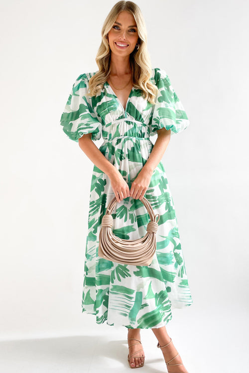 Wrap V-Neck Puff Sleeve Wedding Guest Maxi Dress for Women