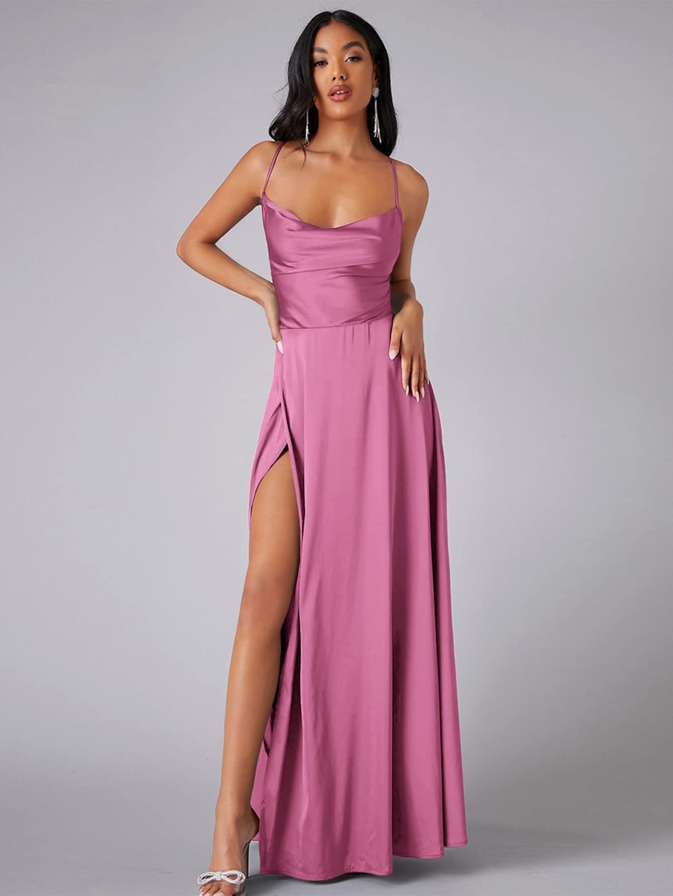 Satin Cowl Neck Backless Slit Maxi Dress for Women
