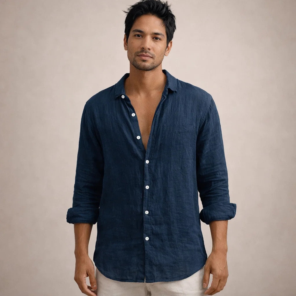 Linen Long Sleeve Shirt with Open Collar for Men