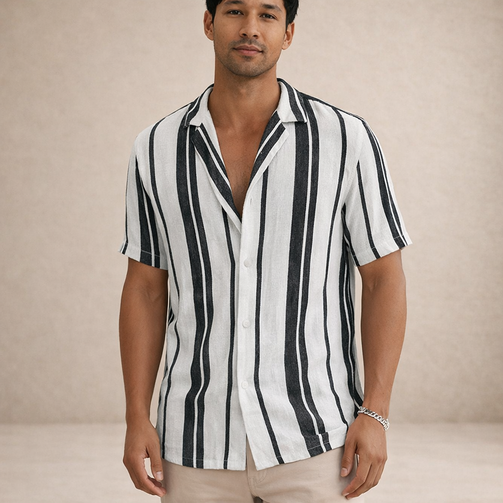 Striped Linen Short Sleeve Shirt for Men