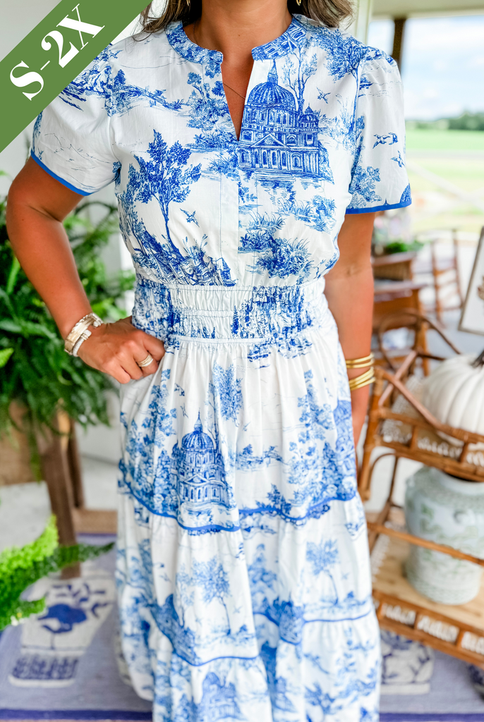 Toile Print Short Sleeve Wedding Guest Maxi Dress for Women