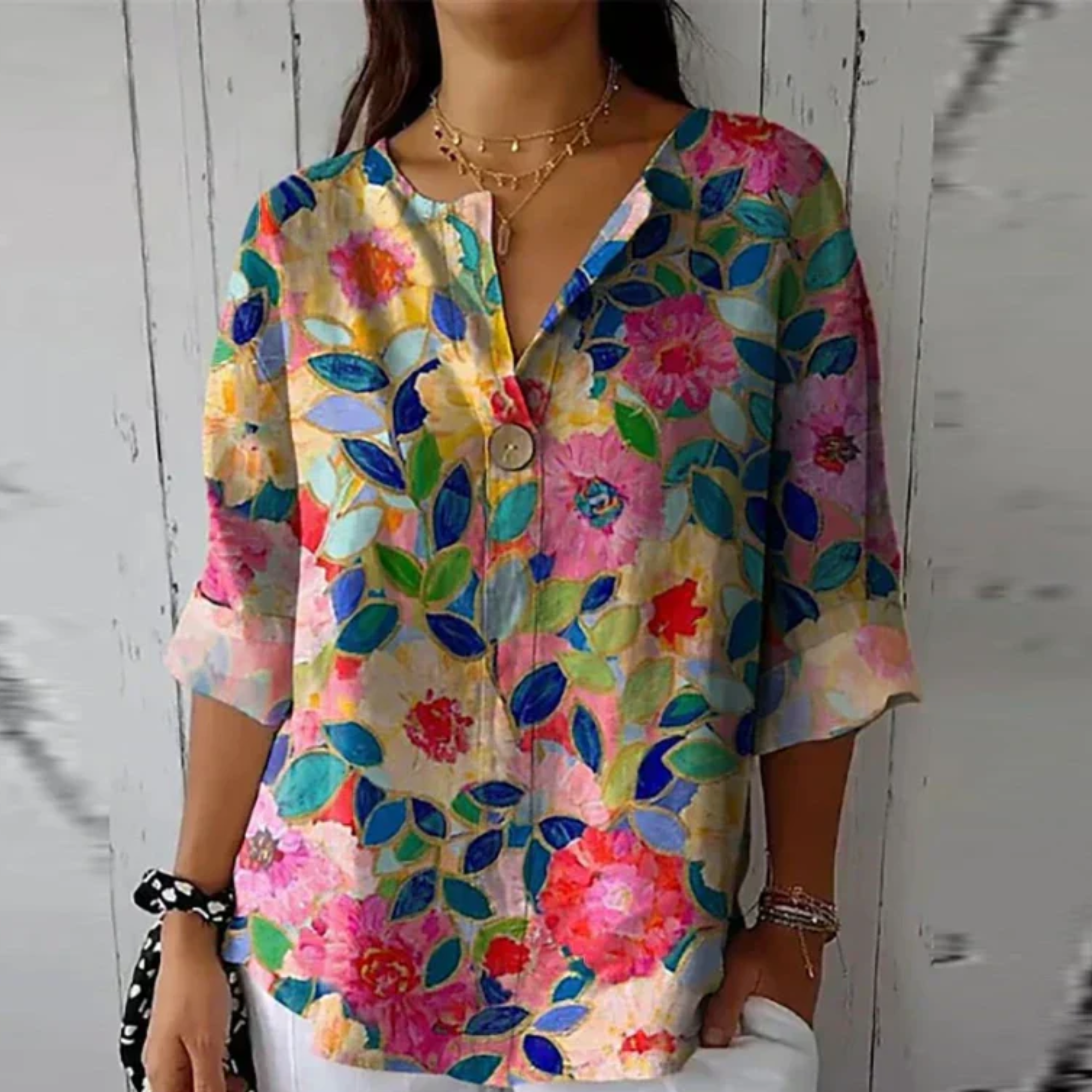 V-Neck Floral 3/4 Sleeve Blouse for Women