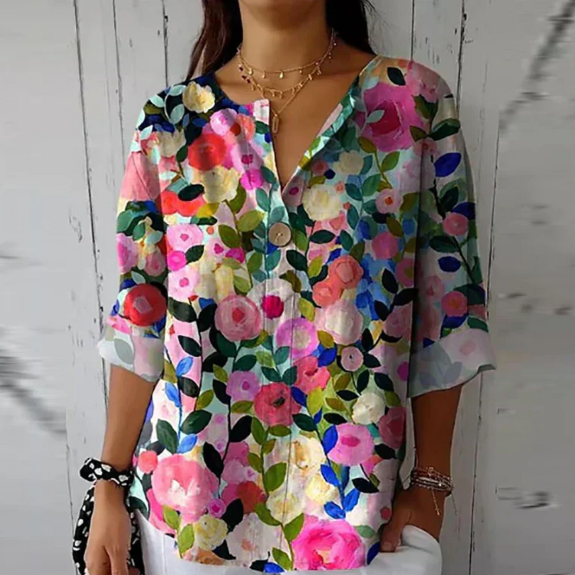 V-Neck Floral 3/4 Sleeve Blouse for Women