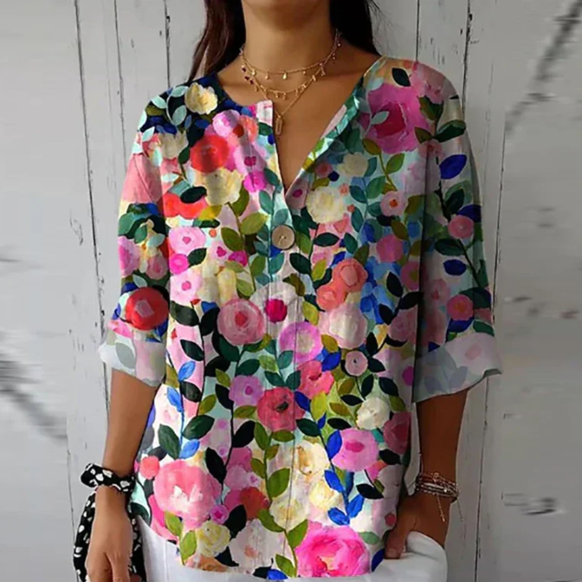 V-Neck Floral 3/4 Sleeve Blouse for Women