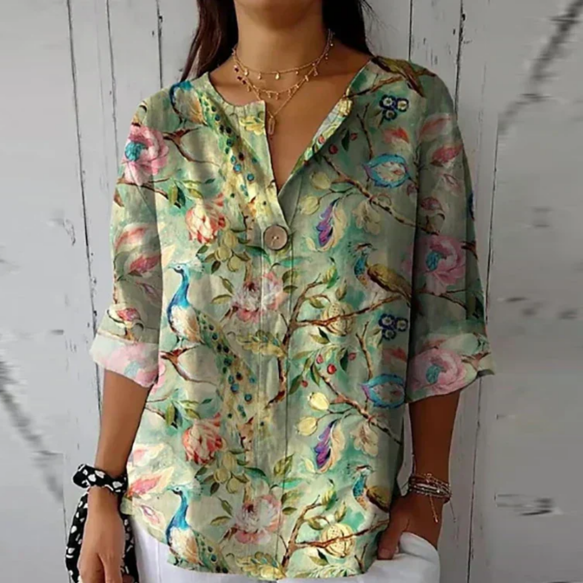 V-Neck Floral 3/4 Sleeve Blouse for Women