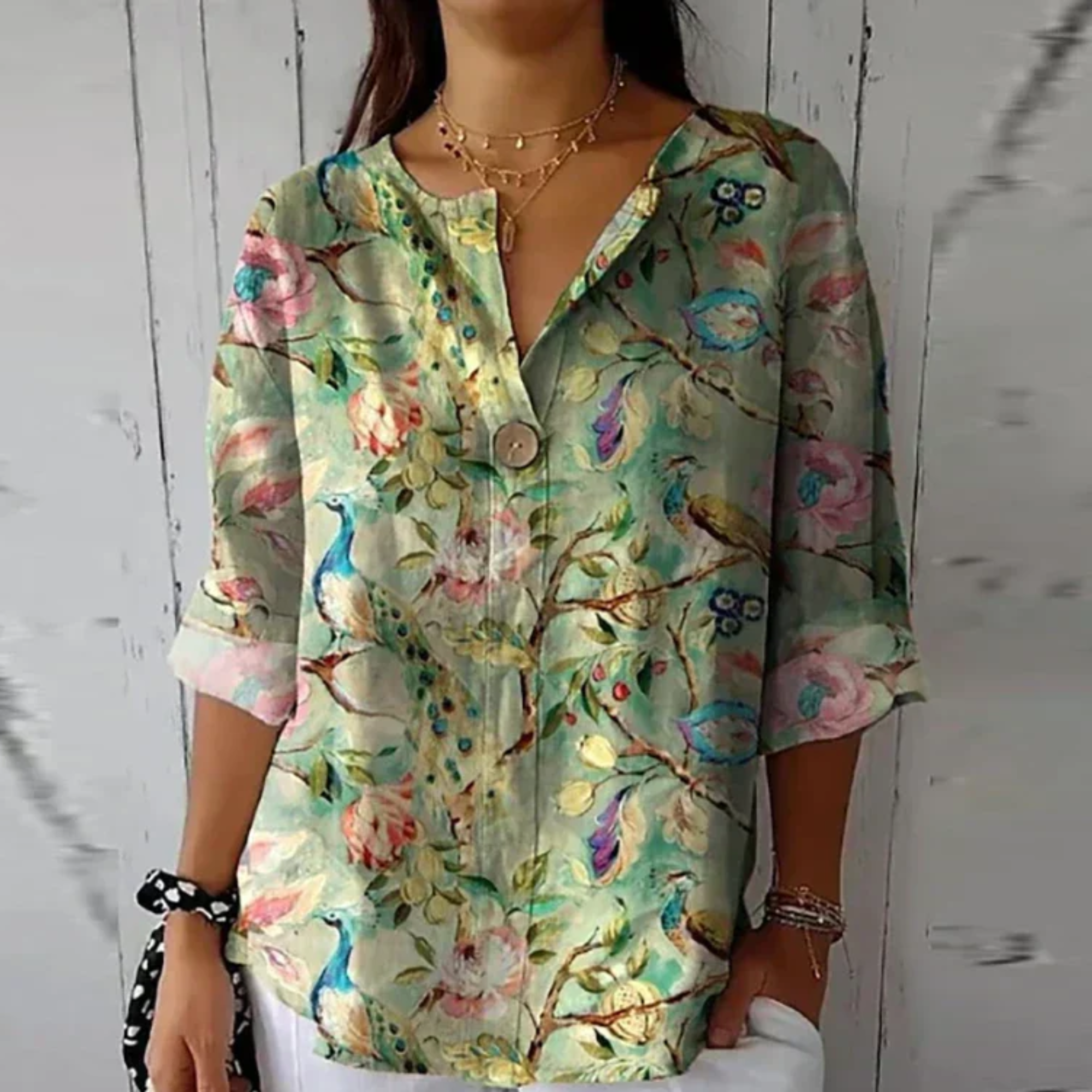 V-Neck Floral 3/4 Sleeve Blouse for Women