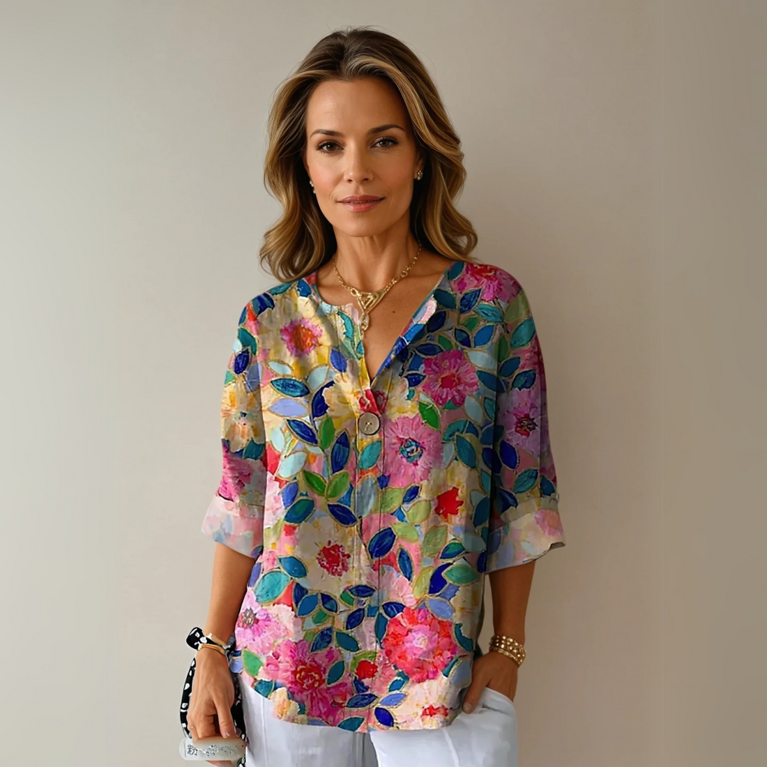 V-Neck Floral 3/4 Sleeve Blouse for Women