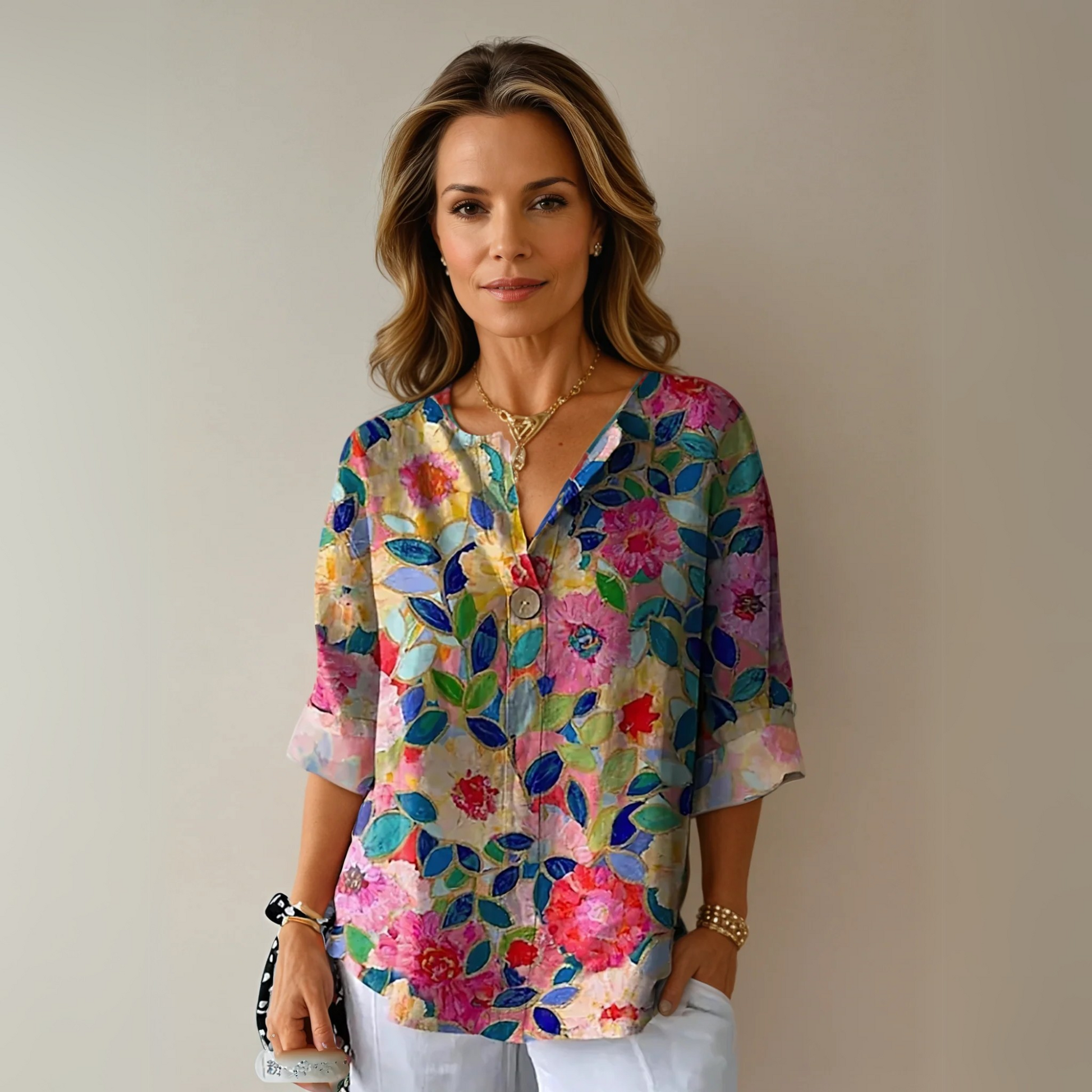 V-Neck Floral 3/4 Sleeve Blouse for Women
