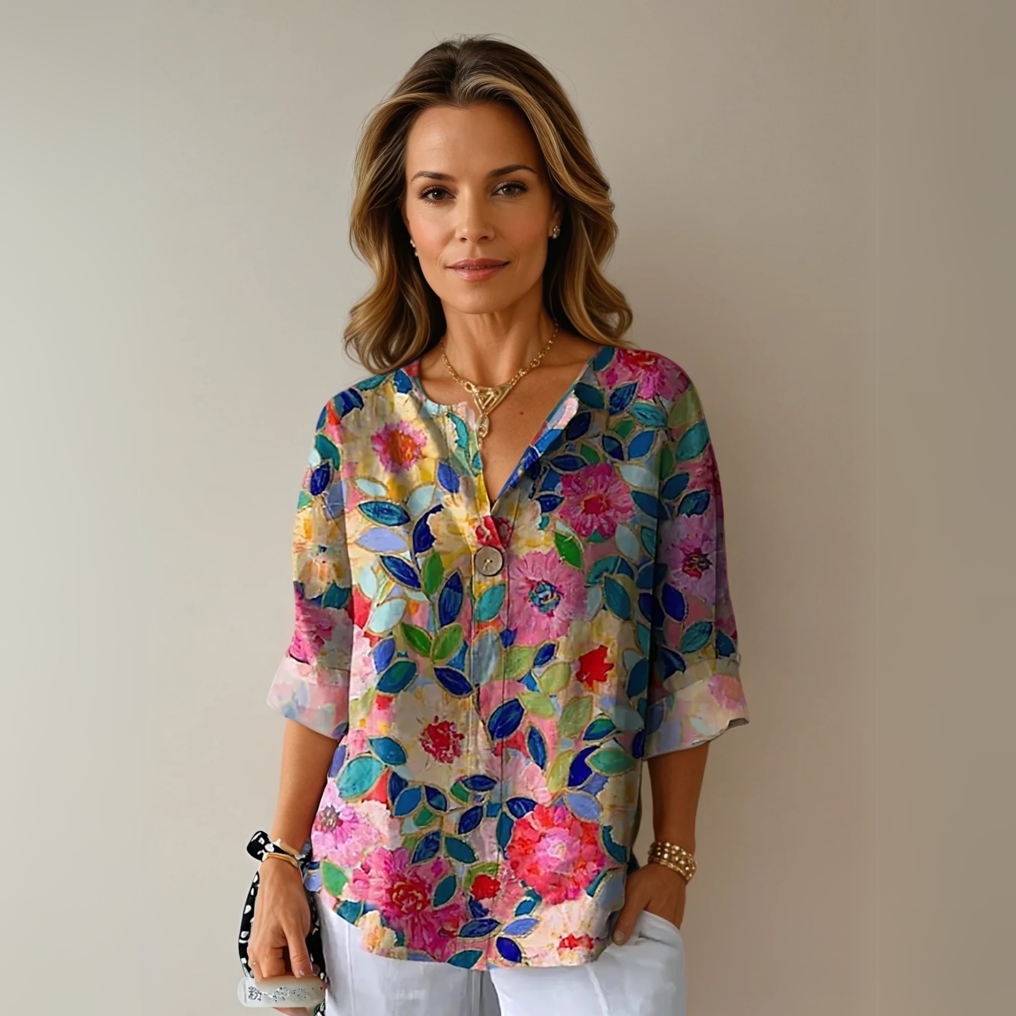 V-Neck Floral 3/4 Sleeve Blouse for Women