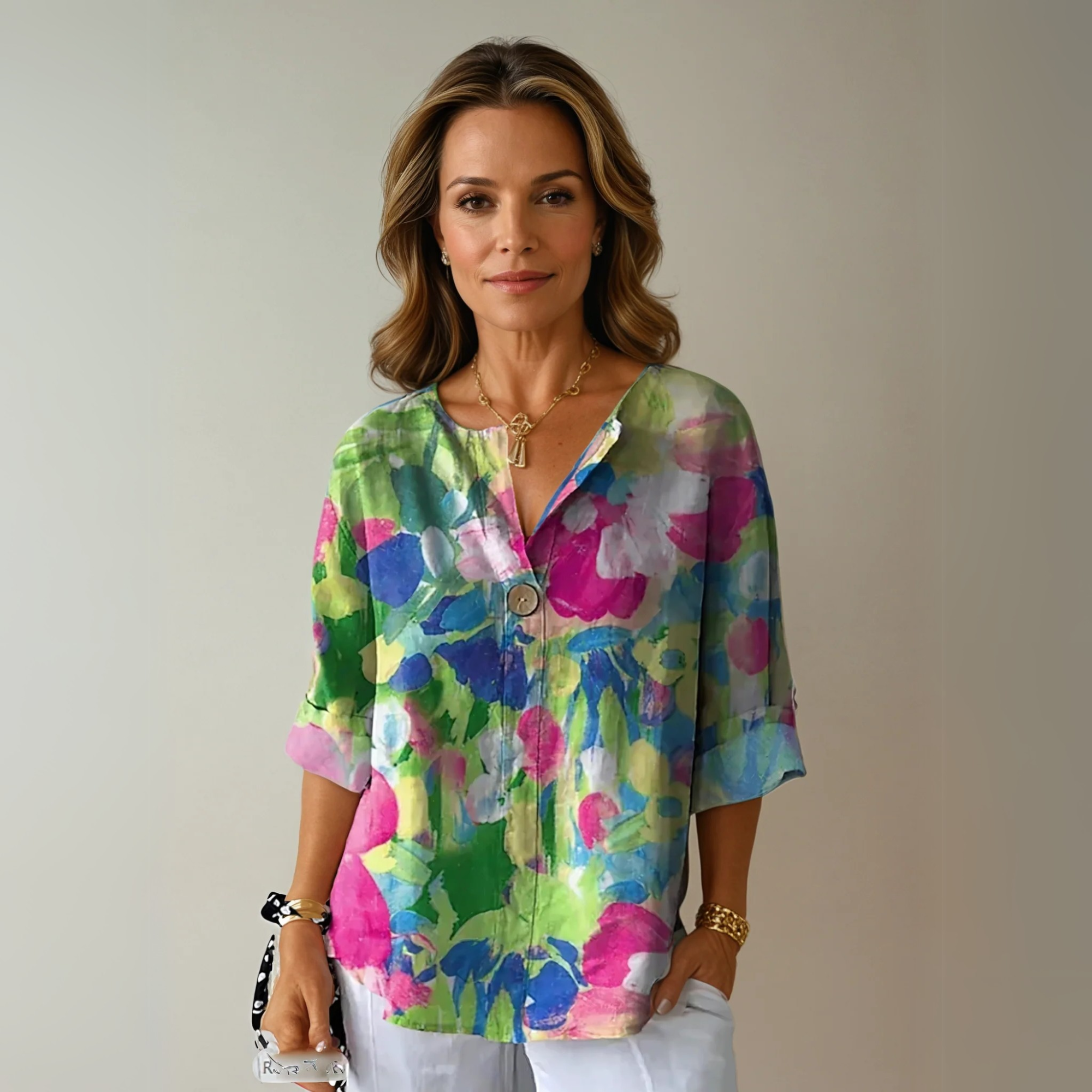 V-Neck Floral 3/4 Sleeve Blouse for Women