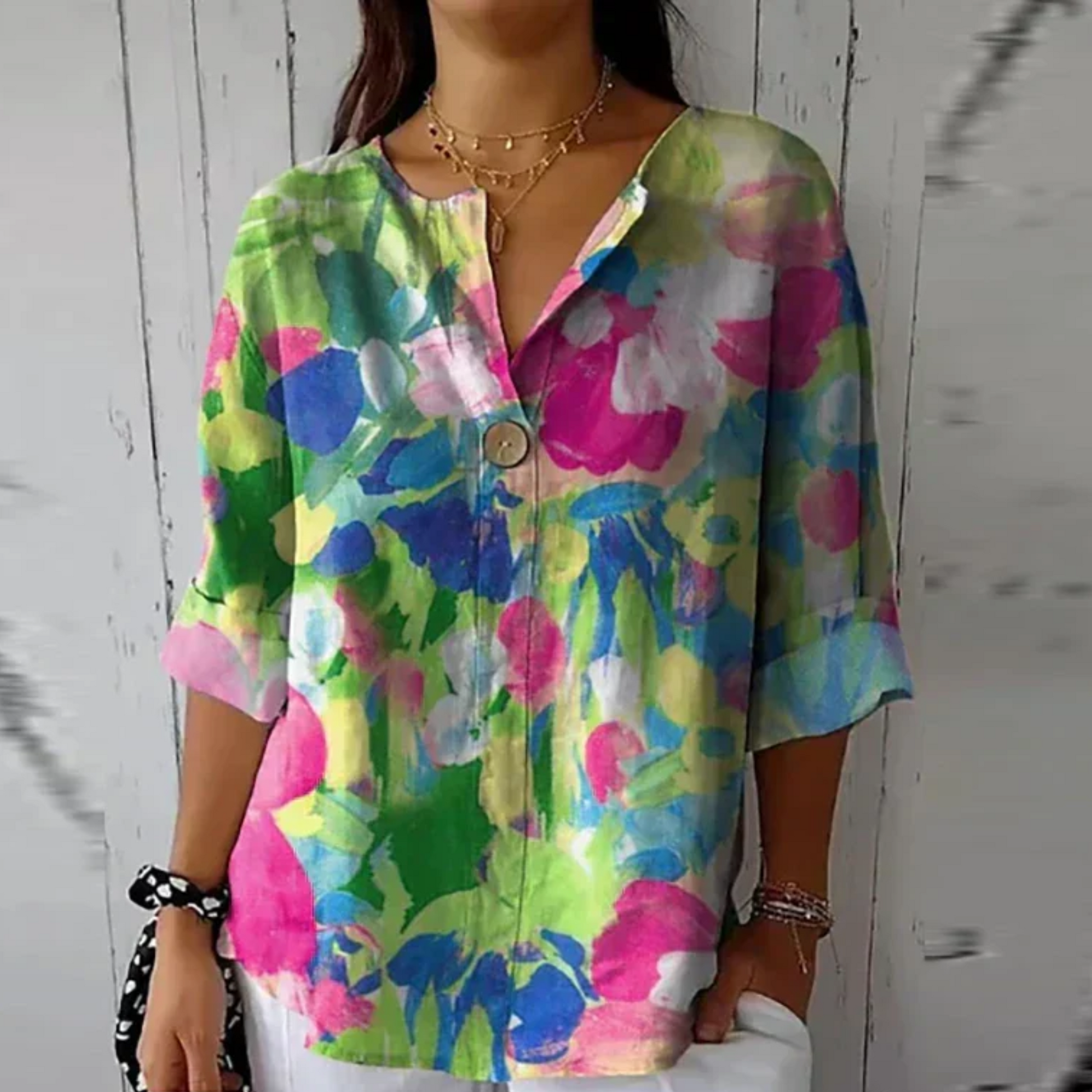 V-Neck Floral 3/4 Sleeve Blouse for Women