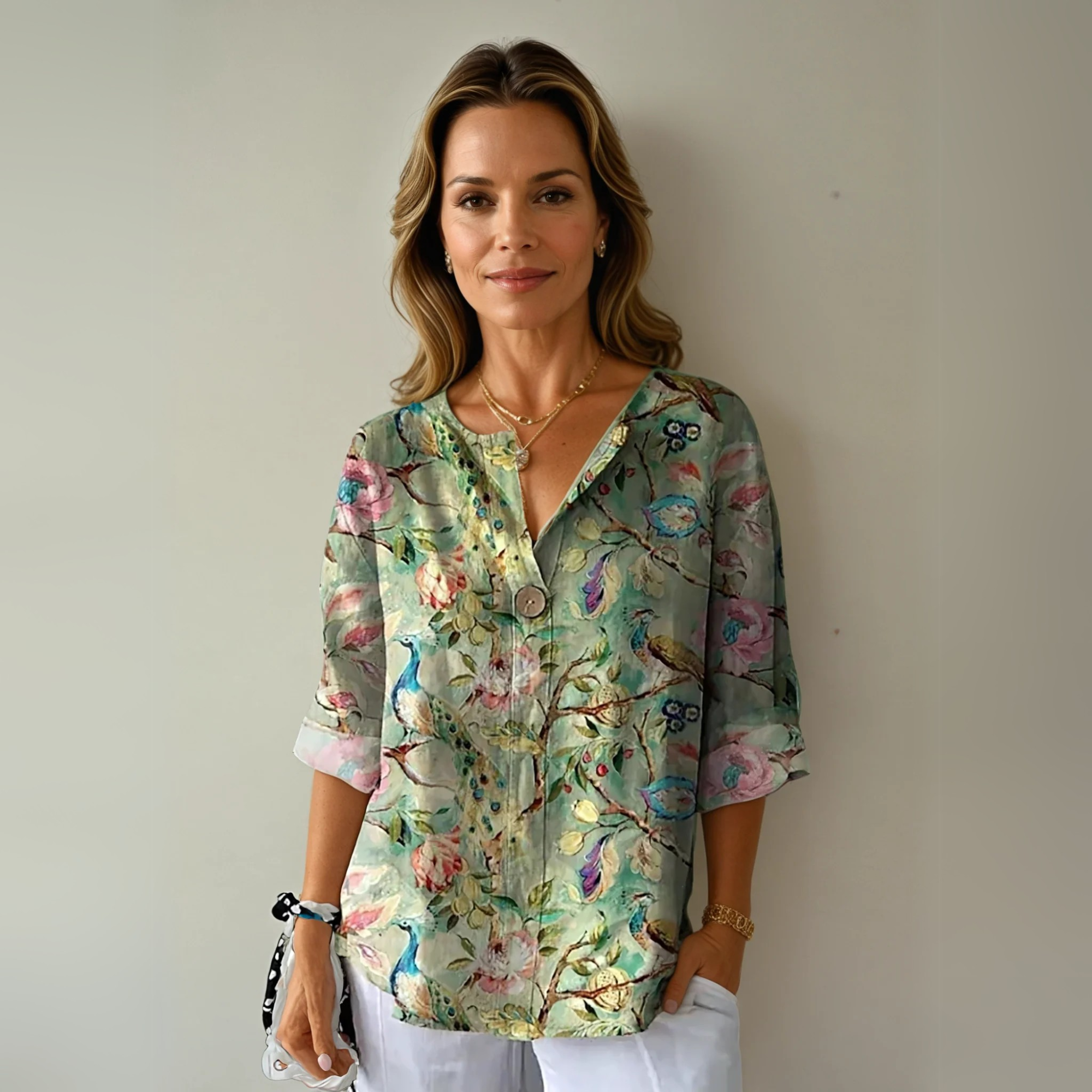 V-Neck Floral 3/4 Sleeve Blouse for Women