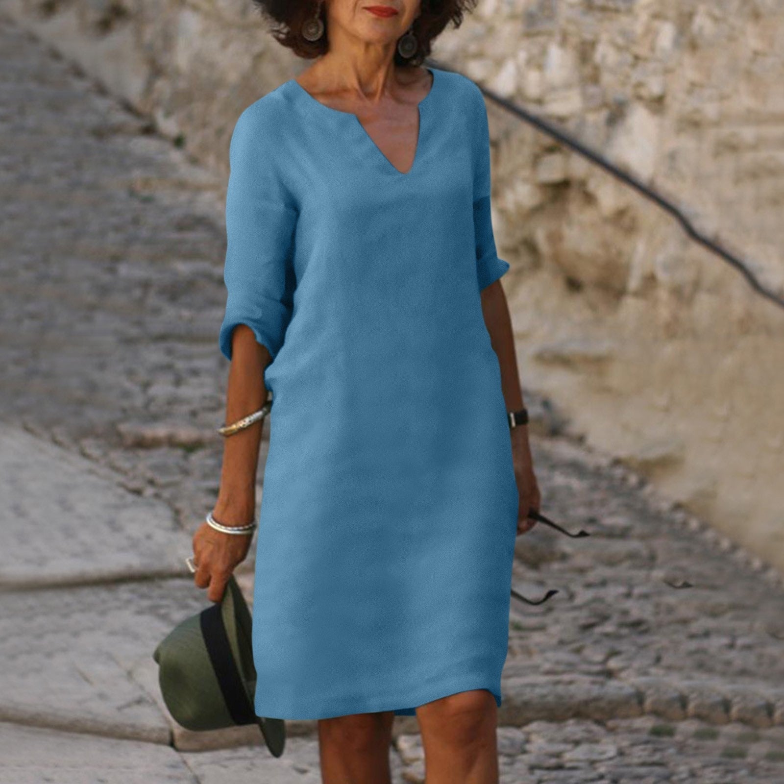 V-Neck 3/4 Sleeve Shift Midi Dress for Women