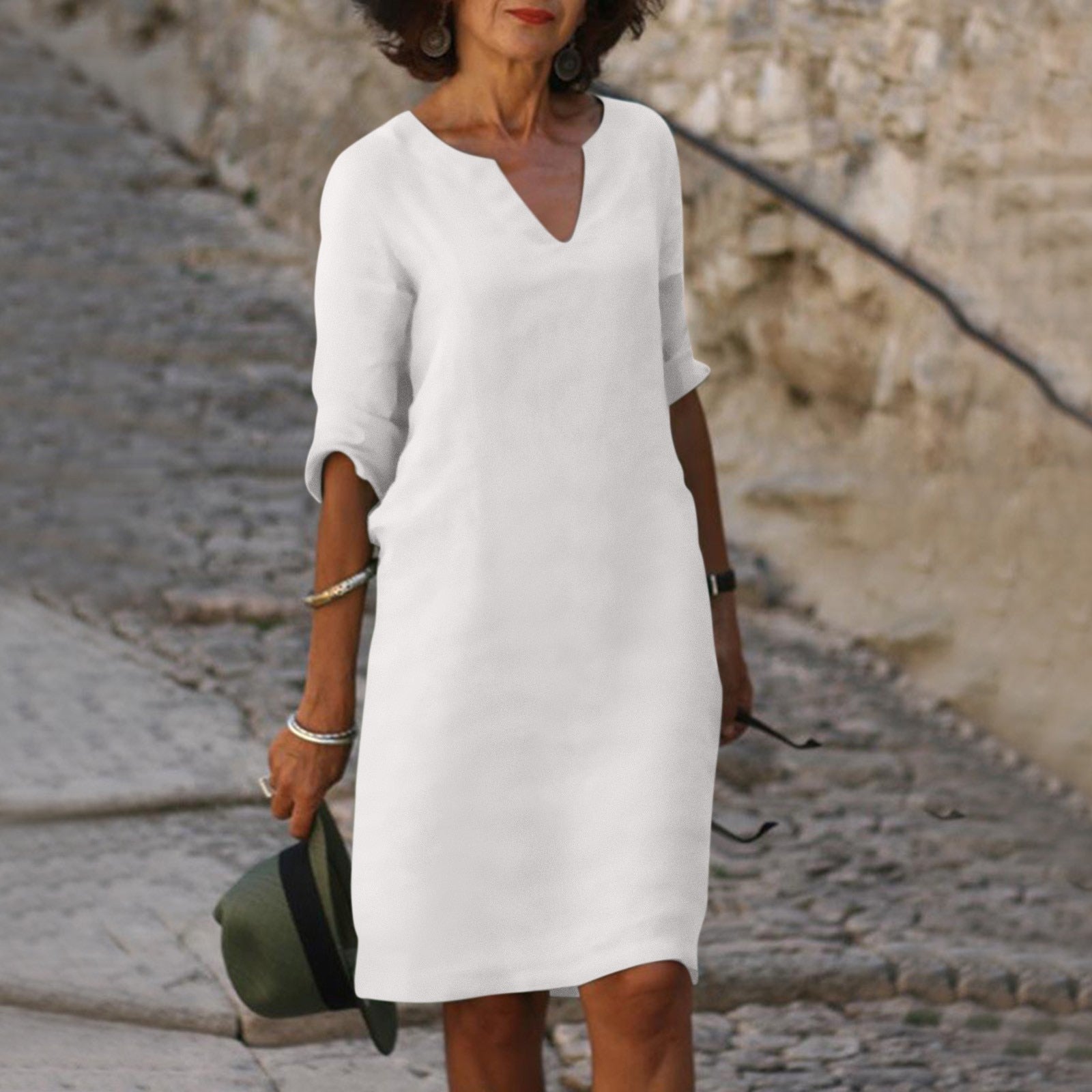 V-Neck 3/4 Sleeve Shift Midi Dress for Women