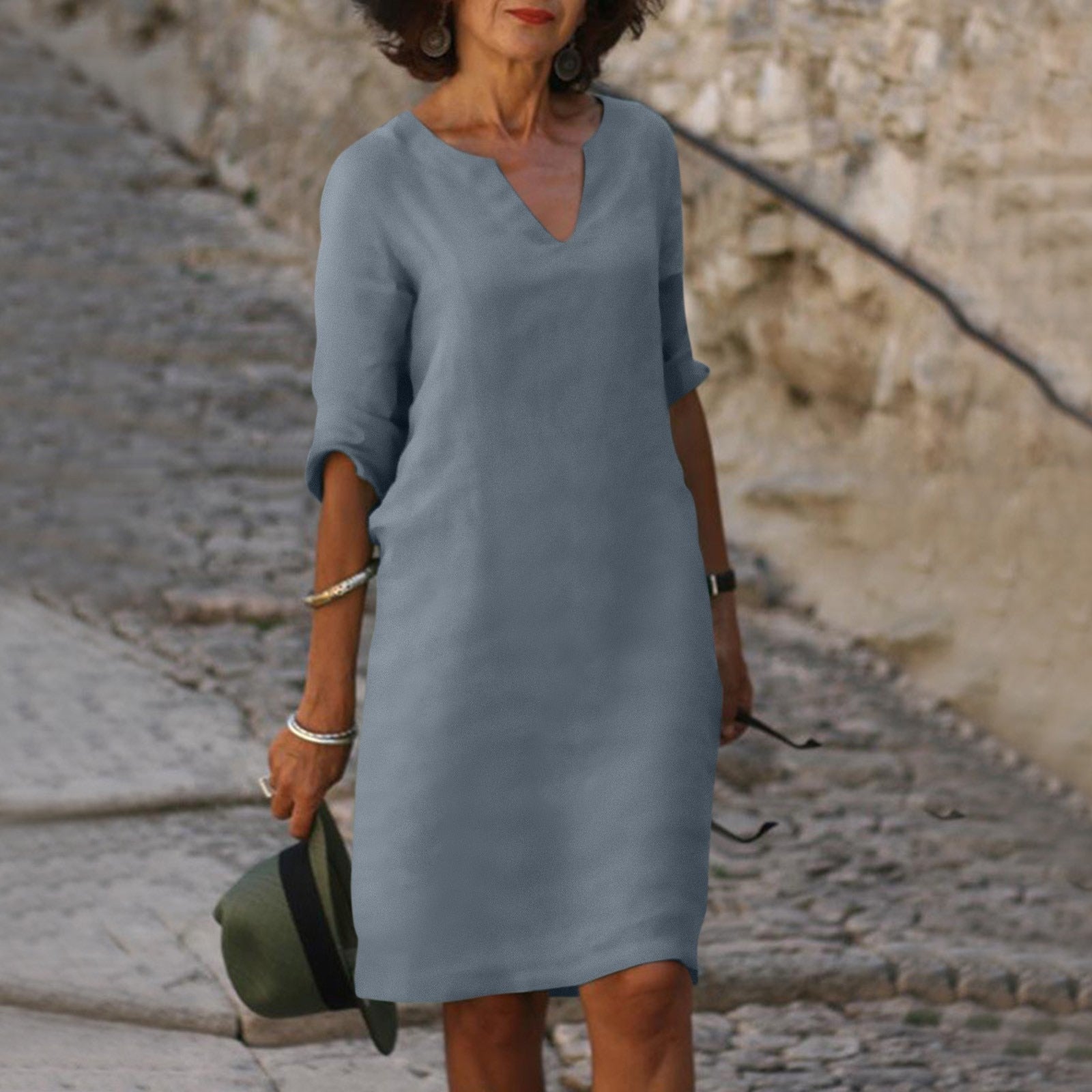 V-Neck 3/4 Sleeve Shift Midi Dress for Women