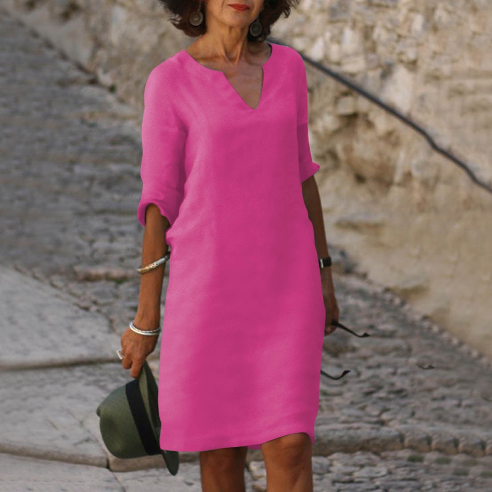 V-Neck 3/4 Sleeve Shift Midi Dress for Women