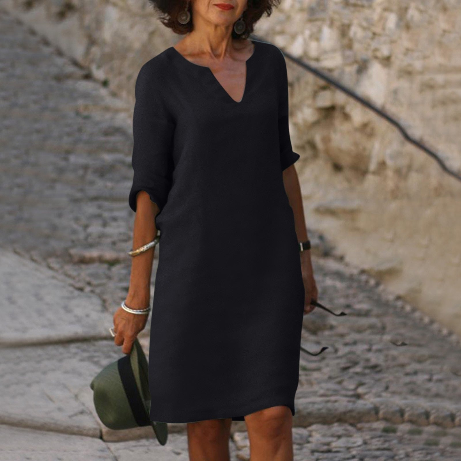V-Neck 3/4 Sleeve Shift Midi Dress for Women