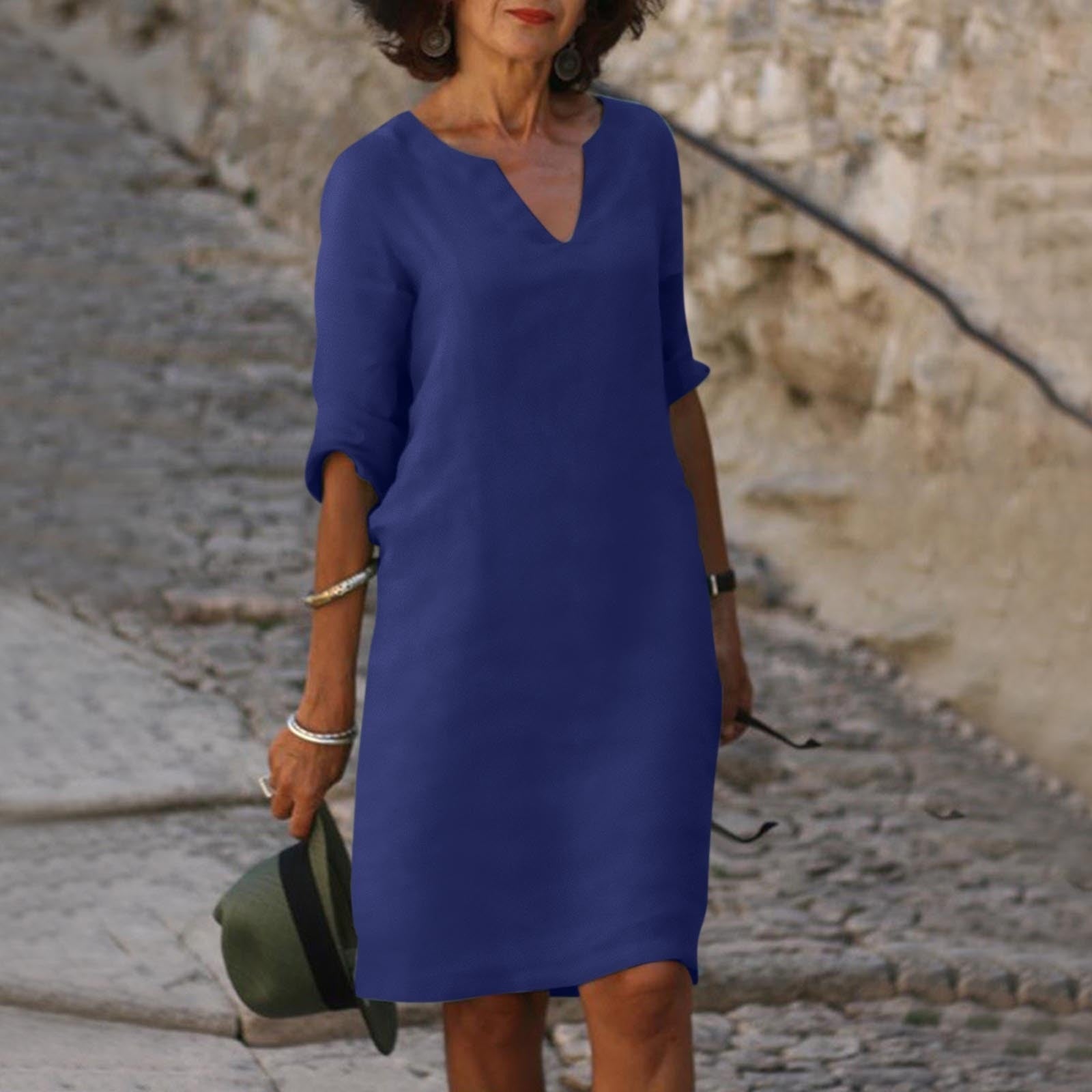 V-Neck 3/4 Sleeve Shift Midi Dress for Women