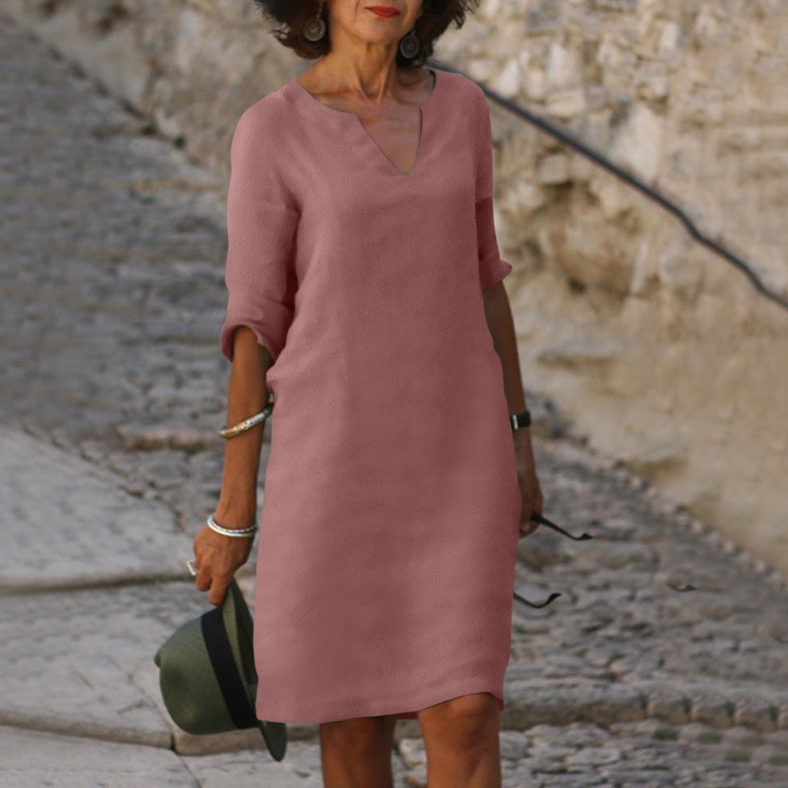 V-Neck 3/4 Sleeve Shift Midi Dress for Women