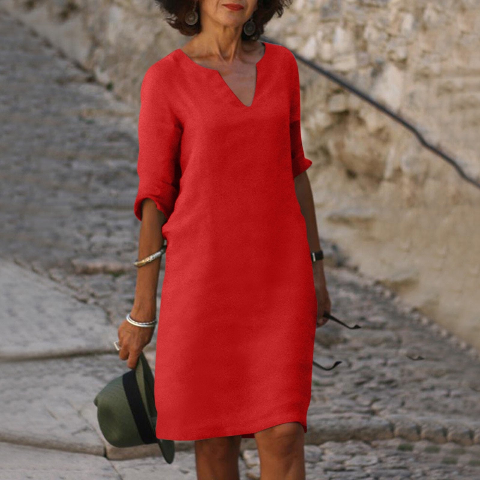 V-Neck 3/4 Sleeve Shift Midi Dress for Women