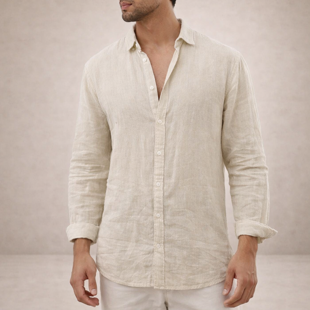 Linen Long Sleeve Shirt with Open Collar for Men