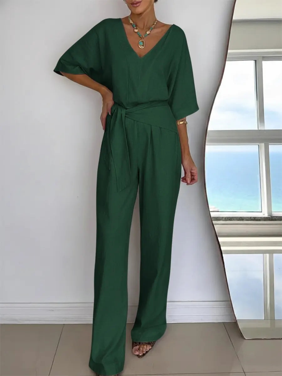 Linen Wide Leg Belted Jumpsuit for Women