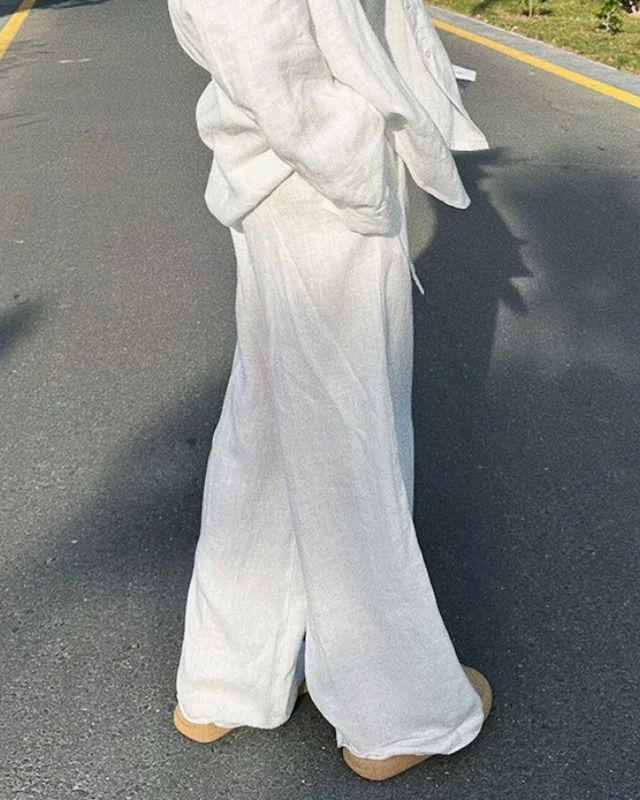 Wide Leg Linen Trousers with Drawstrings for Women