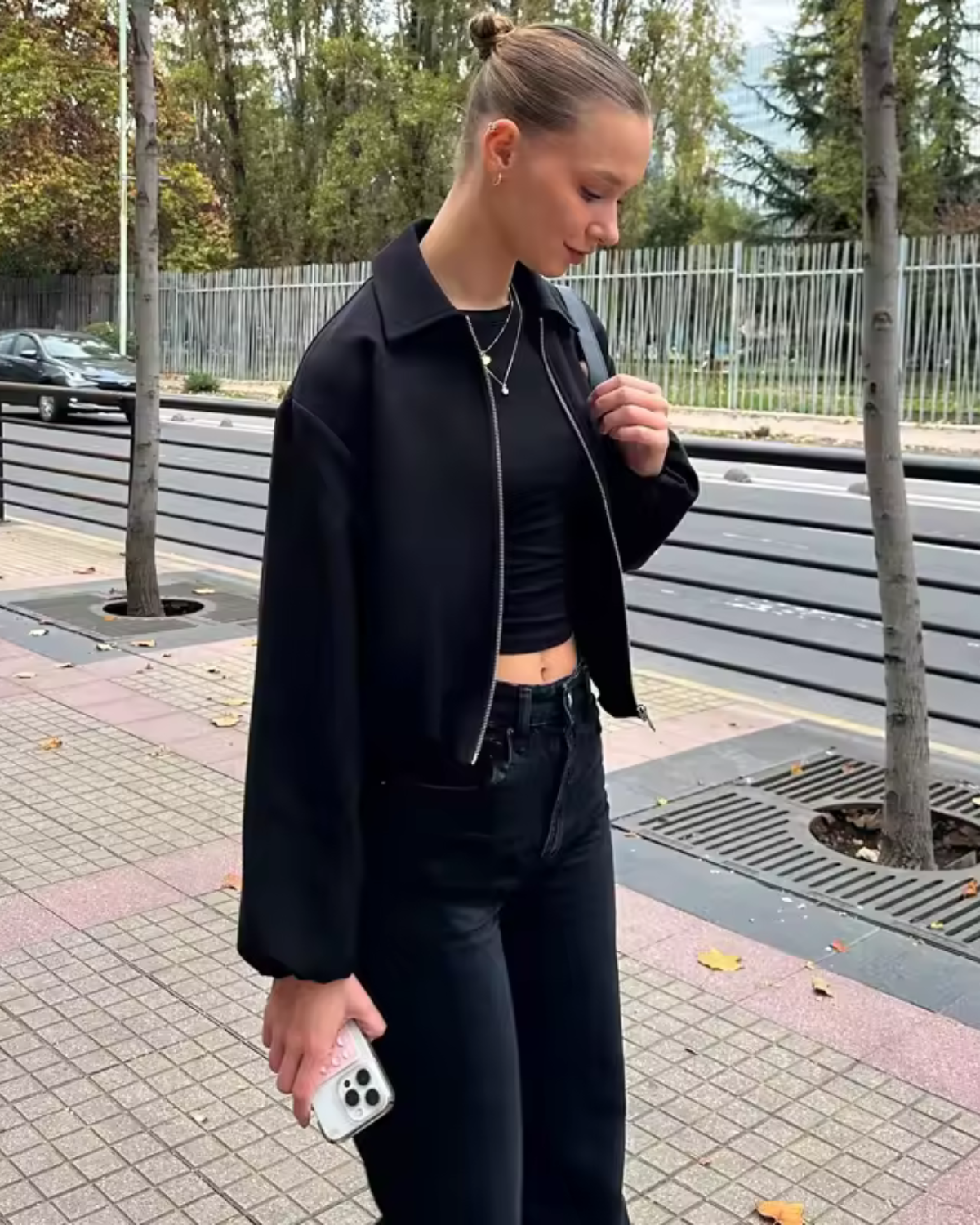 Zip-Up Bomber Jacket with Balloon Sleeves for Women