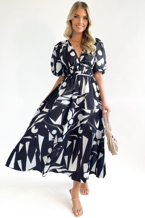 Wrap V-Neck Puff Sleeve Wedding Guest Maxi Dress for Women