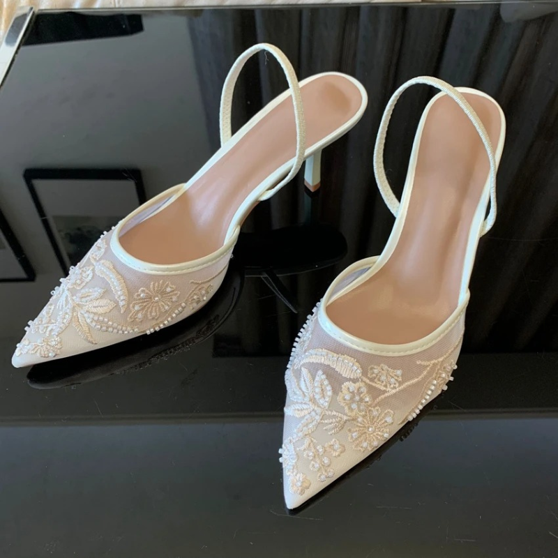 Embroidered Mesh Kitten Heel Slingbacks with Pointed Toe for Women