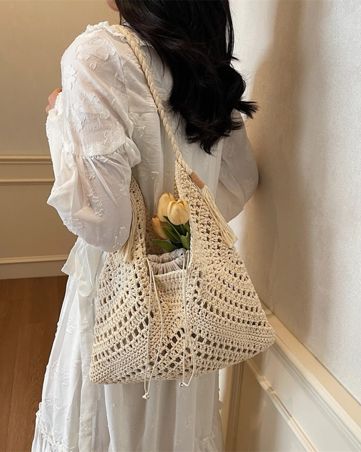 Boho Style Crochet Tote Bag with Tassel for Women