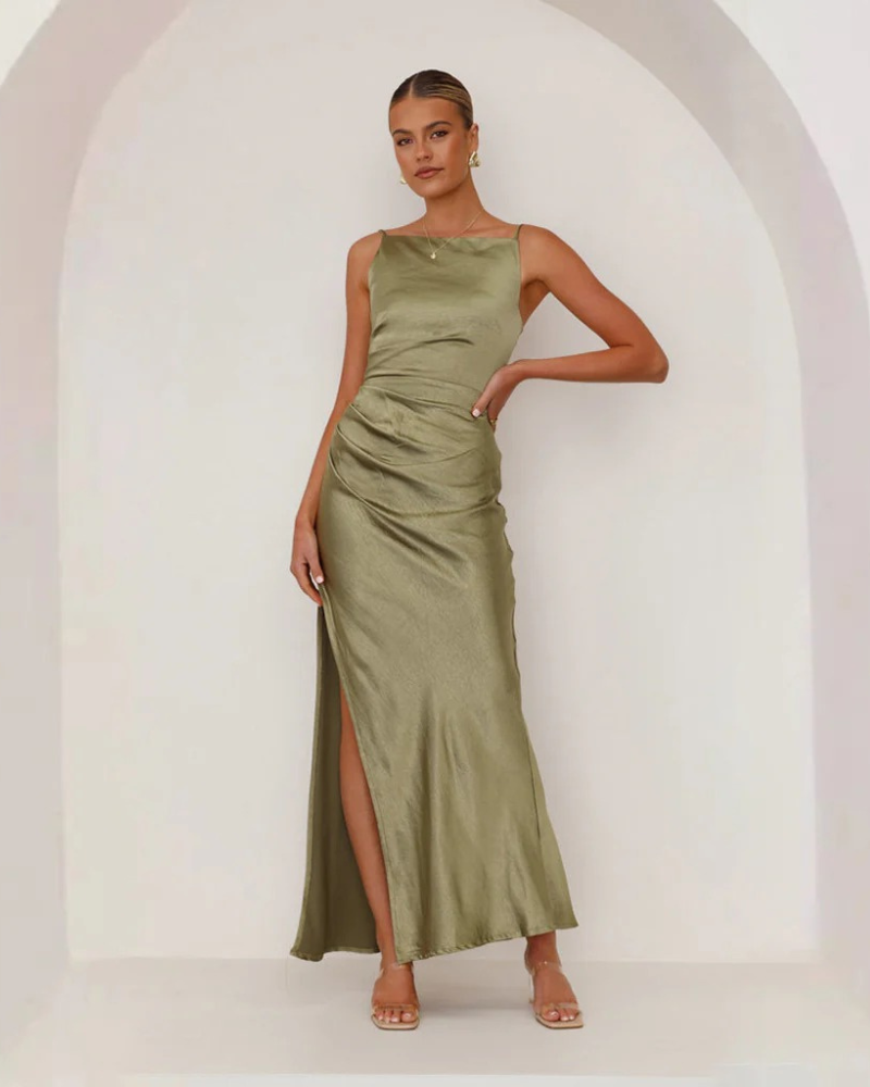 Sleeveless Satin Maxi Dress with Side Slit for Women