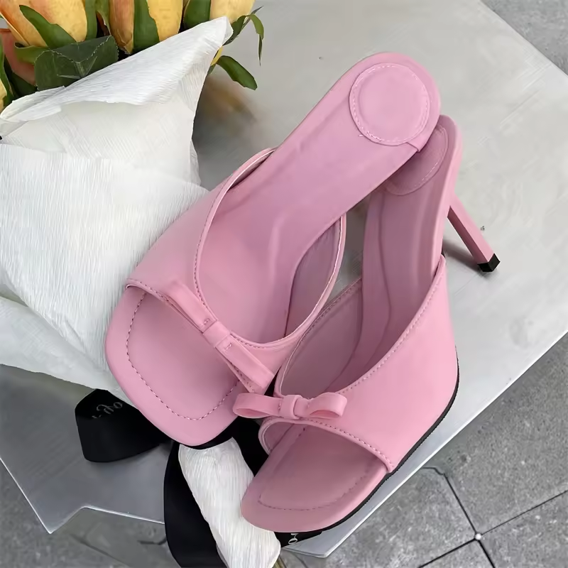 Satin Slide Sandals with Bow-Tie for Women