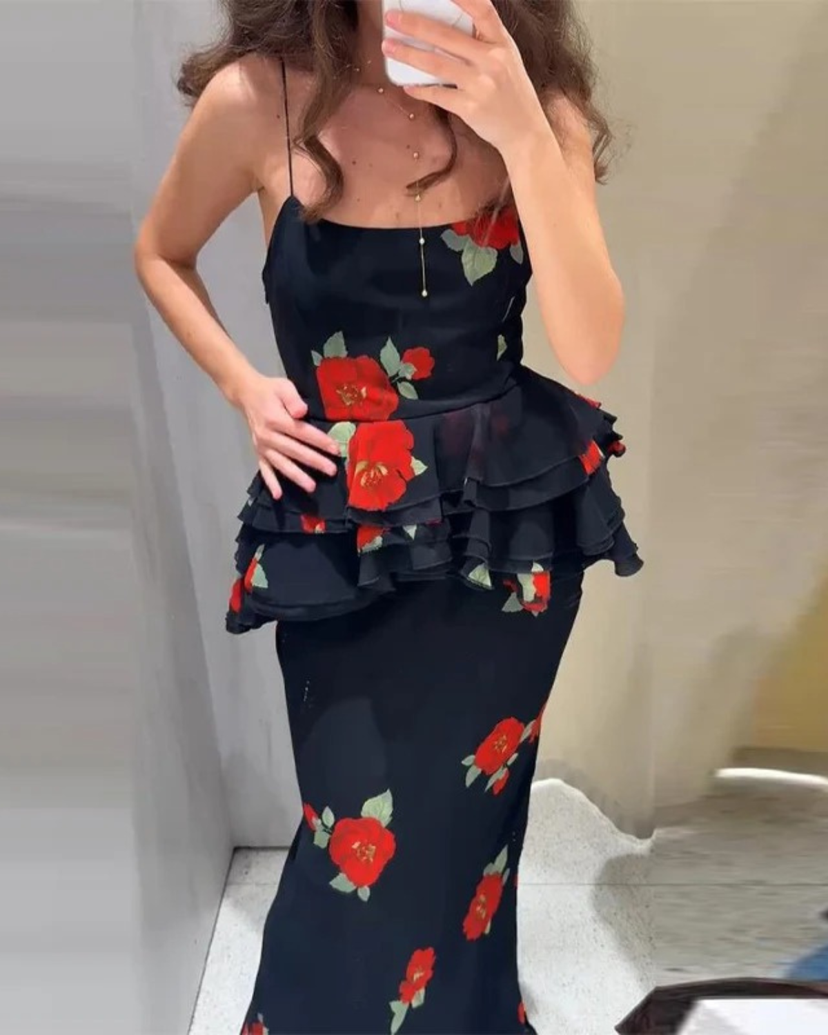 Floral Two Piece Set with Ruffle Top and Maxi Skirt for Women