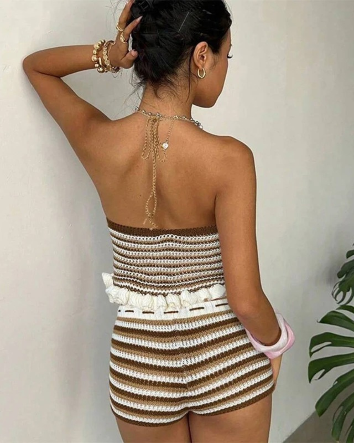 Crochet Cover Up Set with Striped Halter Top and Shorts for Women