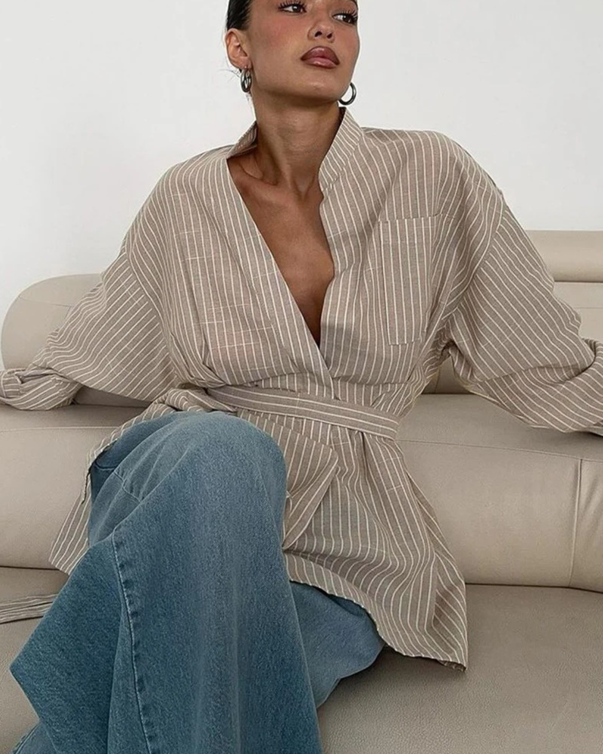 Oversized Striped V-Neck Long Sleeve Shirt for Women